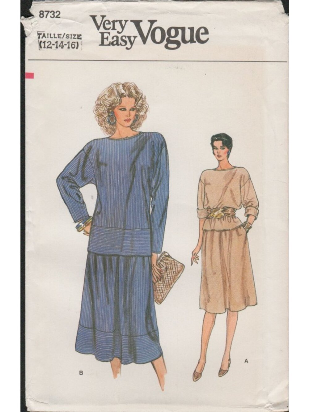 Very Easy Vogue 8732 Loose Fitting 2 Piece Dress Pattern 1980s Sz 12 14 16 Uncut